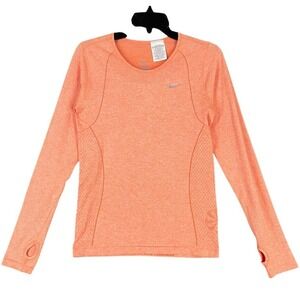 Nike Shirt Womens Medium Orange Dri Fit Thumbhole Wicking Running Yoga Workout‎